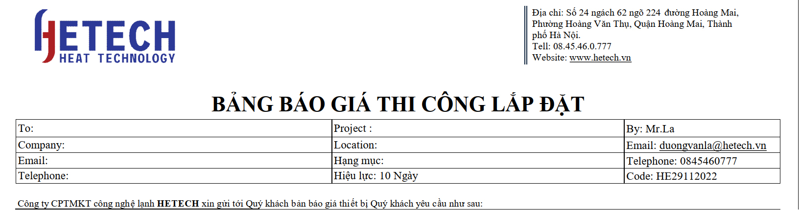 bảng giá kho lạnh