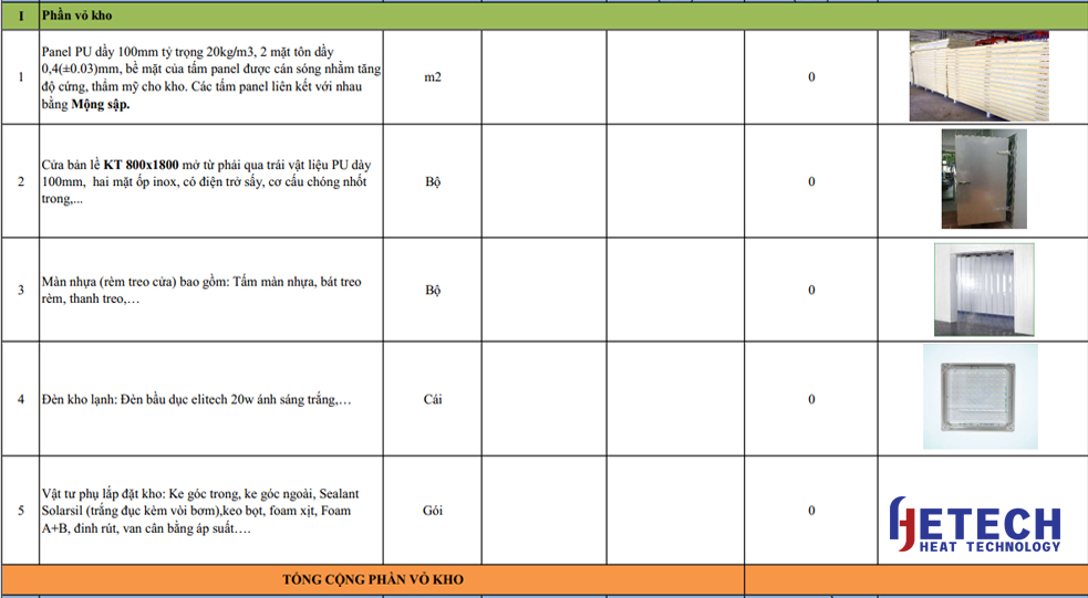 Báo giá phần vỏ kho lạnh
